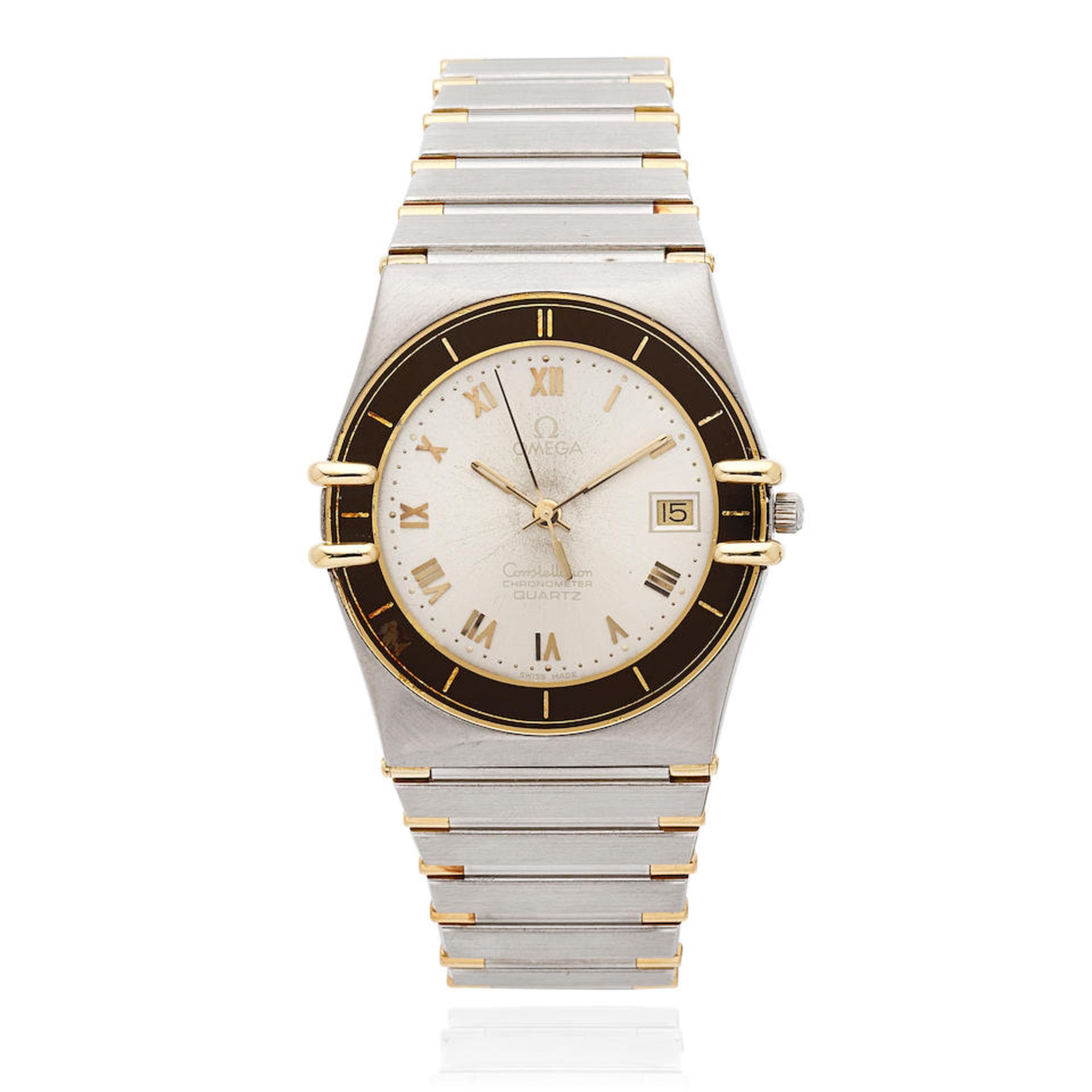 Omega. A stainless steel and gold quartz calendar bracelet watch Constellation, Ref: 1980136, C...