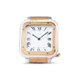 Cartier. A stainless steel and gilt brass quartz desk clock with alarm Santos, Ref: 7508, Circa...