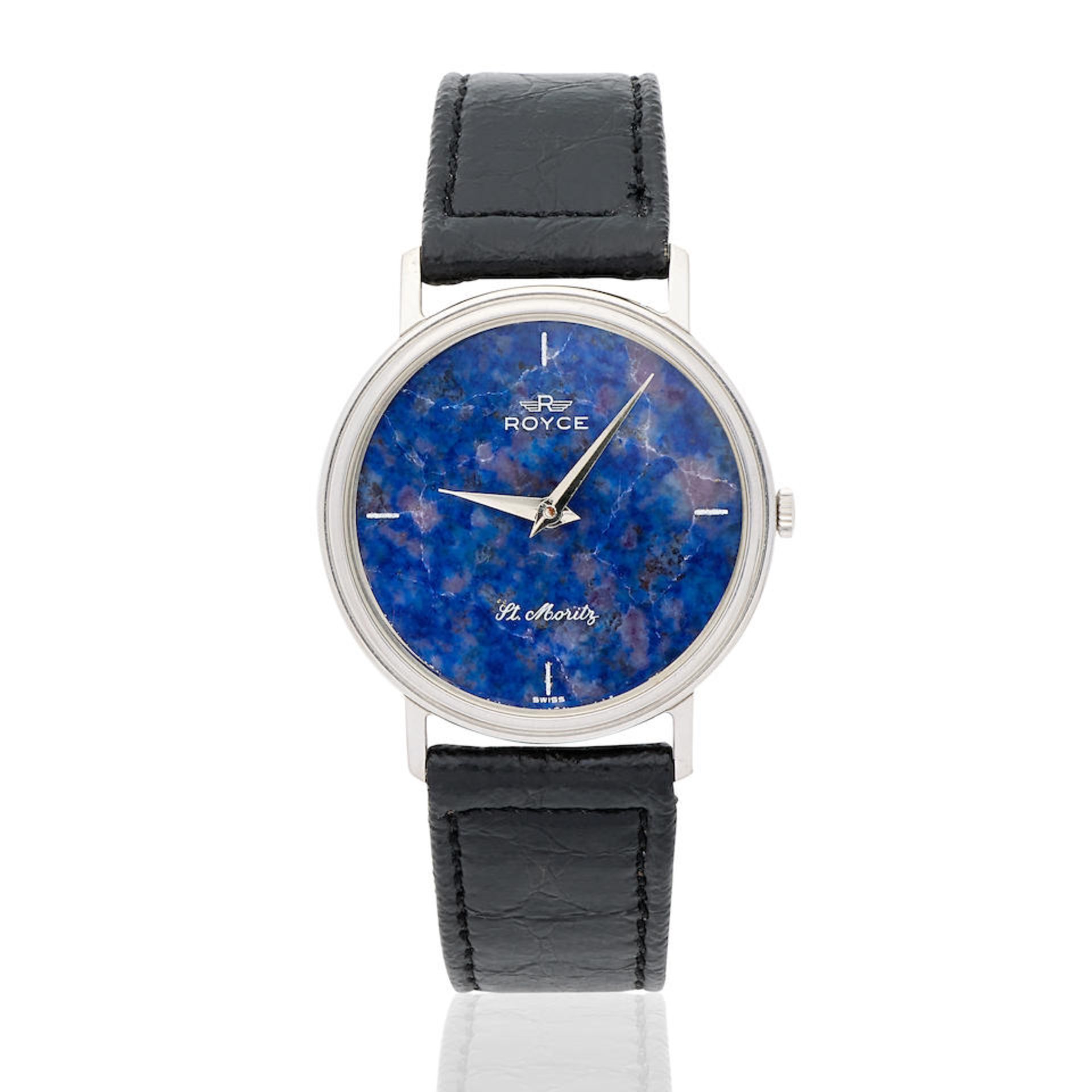 Royce. A stainless steel manual wind wristwatch with lapis lazuli dial St. Moritz, Circa 1970