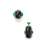 BLACK JADEITE, JADEITE AND DIAMOND RING AND PENDANT SET (2)