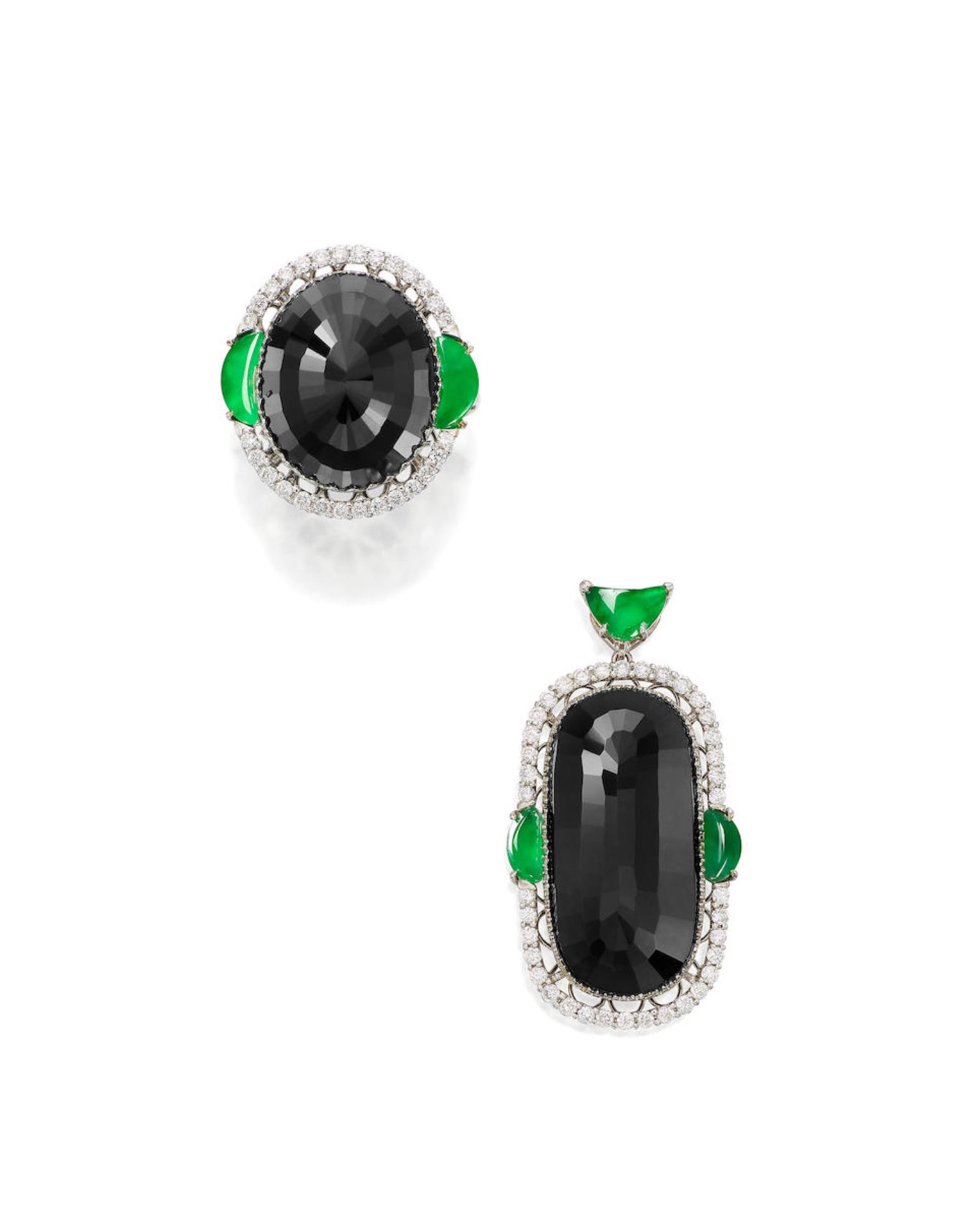 BLACK JADEITE, JADEITE AND DIAMOND RING AND PENDANT SET (2)