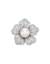 CULTURED PEARL AND DIAMOND 'FLOWER' BROOCH