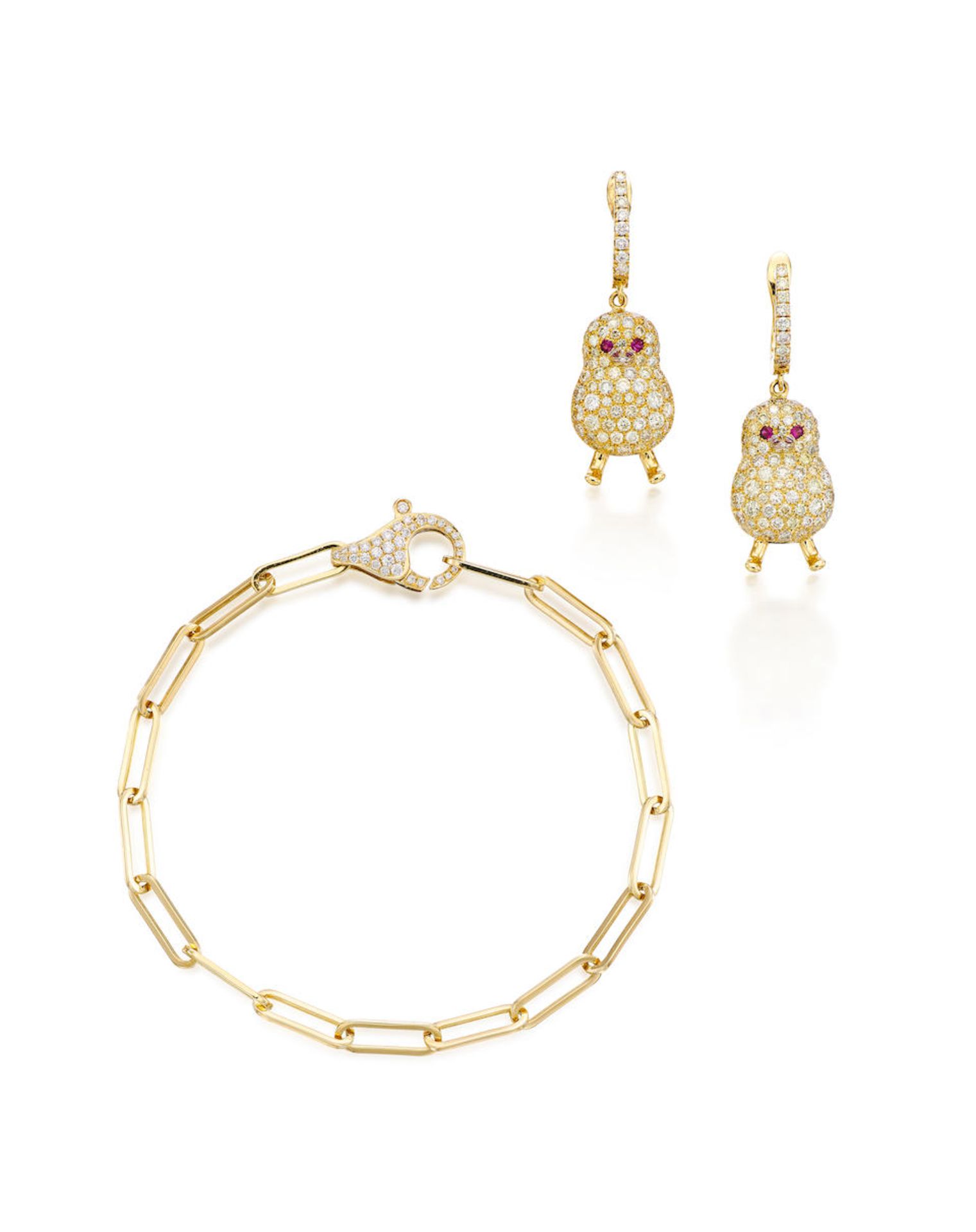 COLOURED DIAMOND, DIAMOND AND GEM-SET 'LITTLE CHICK' BRACELET AND PENDENT EARRING SET (2)