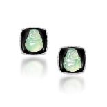 PAIR OF ICY JADEITE 'LAGUHING BUDDHA', ONYX AND DIAMOND CUFFLINKS