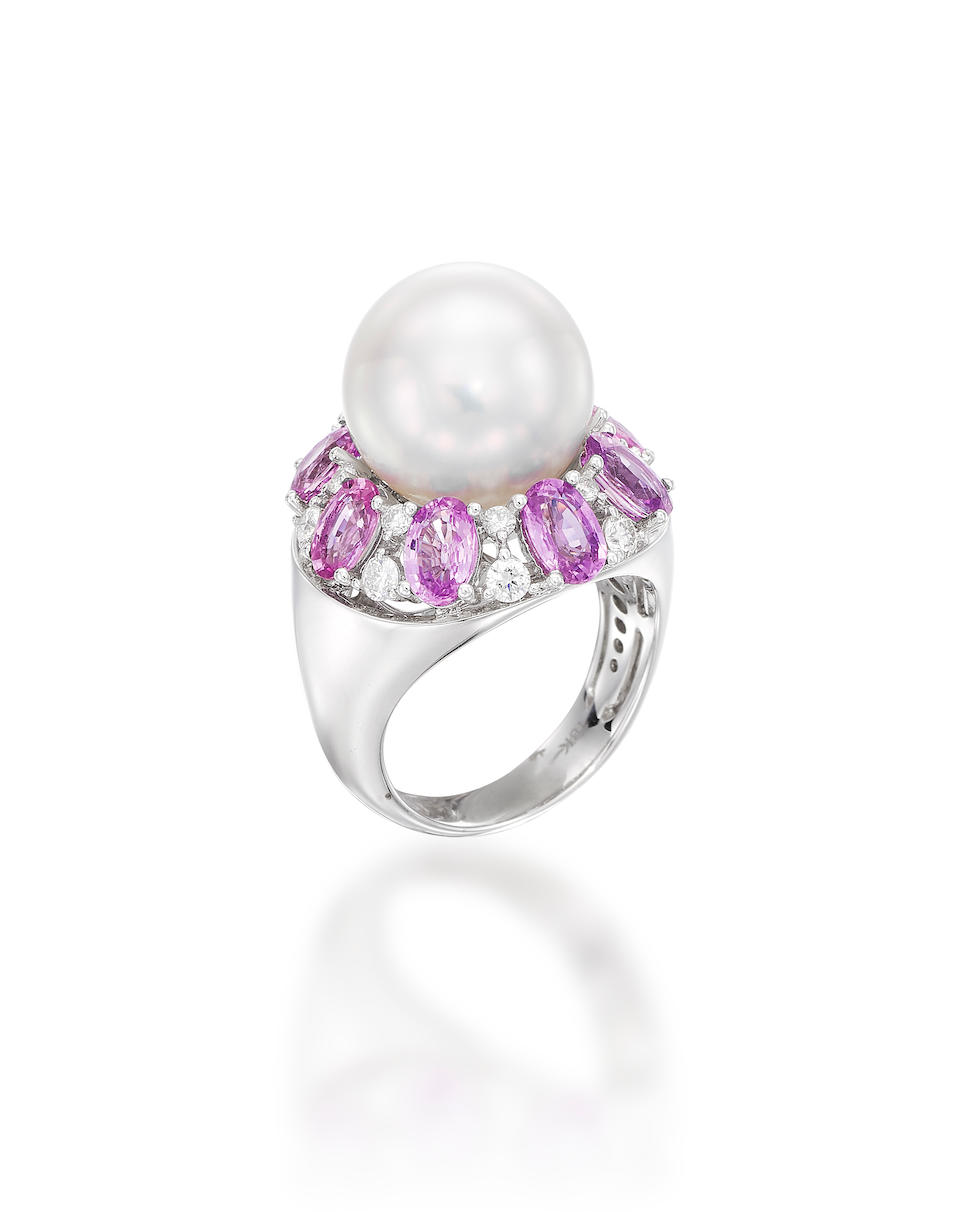 CULTURED PEARL, PINK SAPPHIRE AND DIAMOND RING