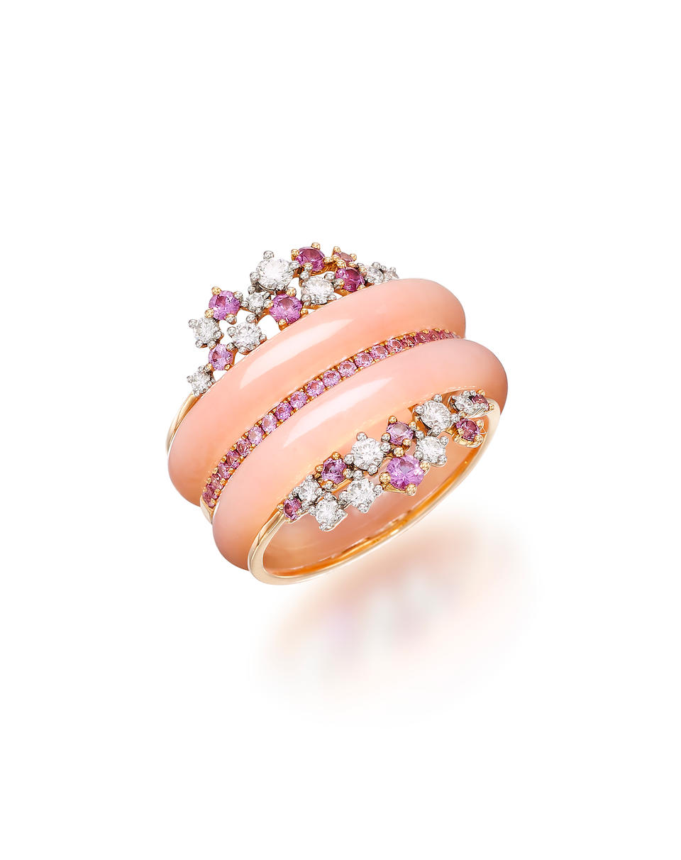 MAGENTA: PAIR OF PINK OPAL 'ABACUS' BANDS, GEM-SET AND DIAMOND RING (3)