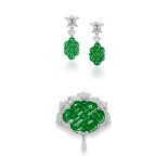 JADEITE AND DIAMOND 'ENDLESS KNOT' BROOCH/ PENDANT AND PENDENT EARRING SET (2)