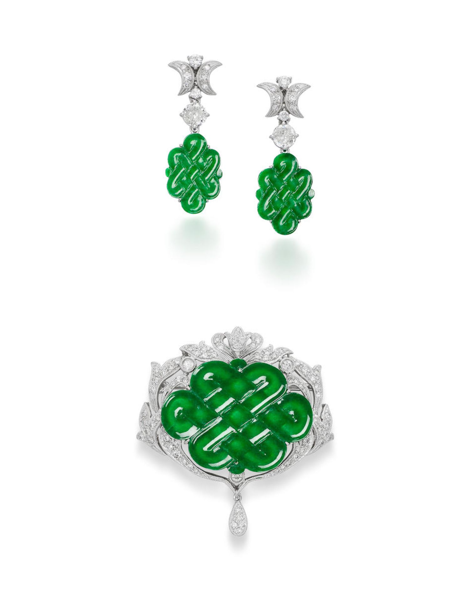 JADEITE AND DIAMOND 'ENDLESS KNOT' BROOCH/ PENDANT AND PENDENT EARRING SET (2)