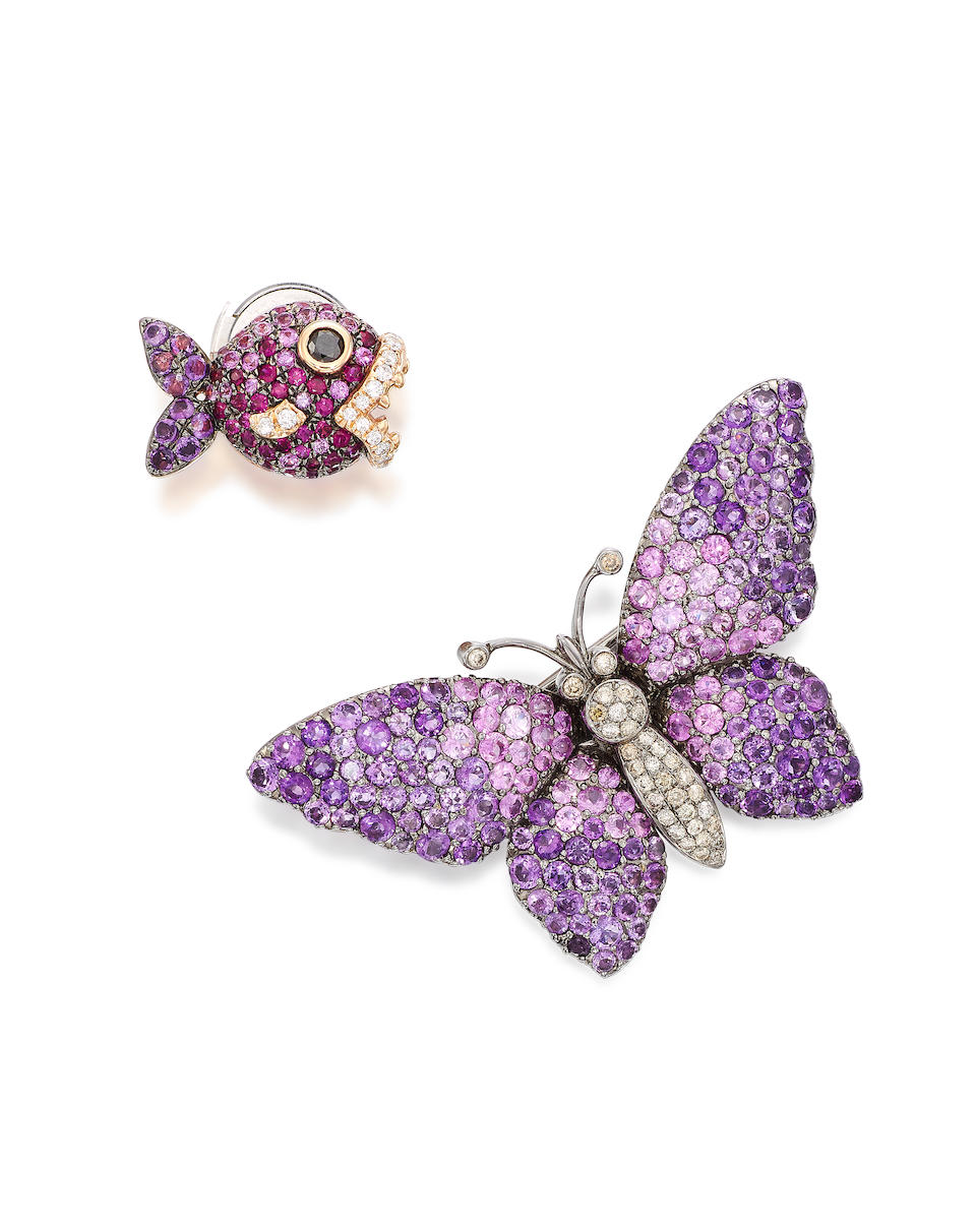 GEM-SET AND COLOURED DIAMOND 'BUTTERFLY' BROOCH/PENDANT AND 'FISH' PIN (2)