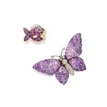 GEM-SET AND COLOURED DIAMOND 'BUTTERFLY' BROOCH/PENDANT AND 'FISH' PIN (2)