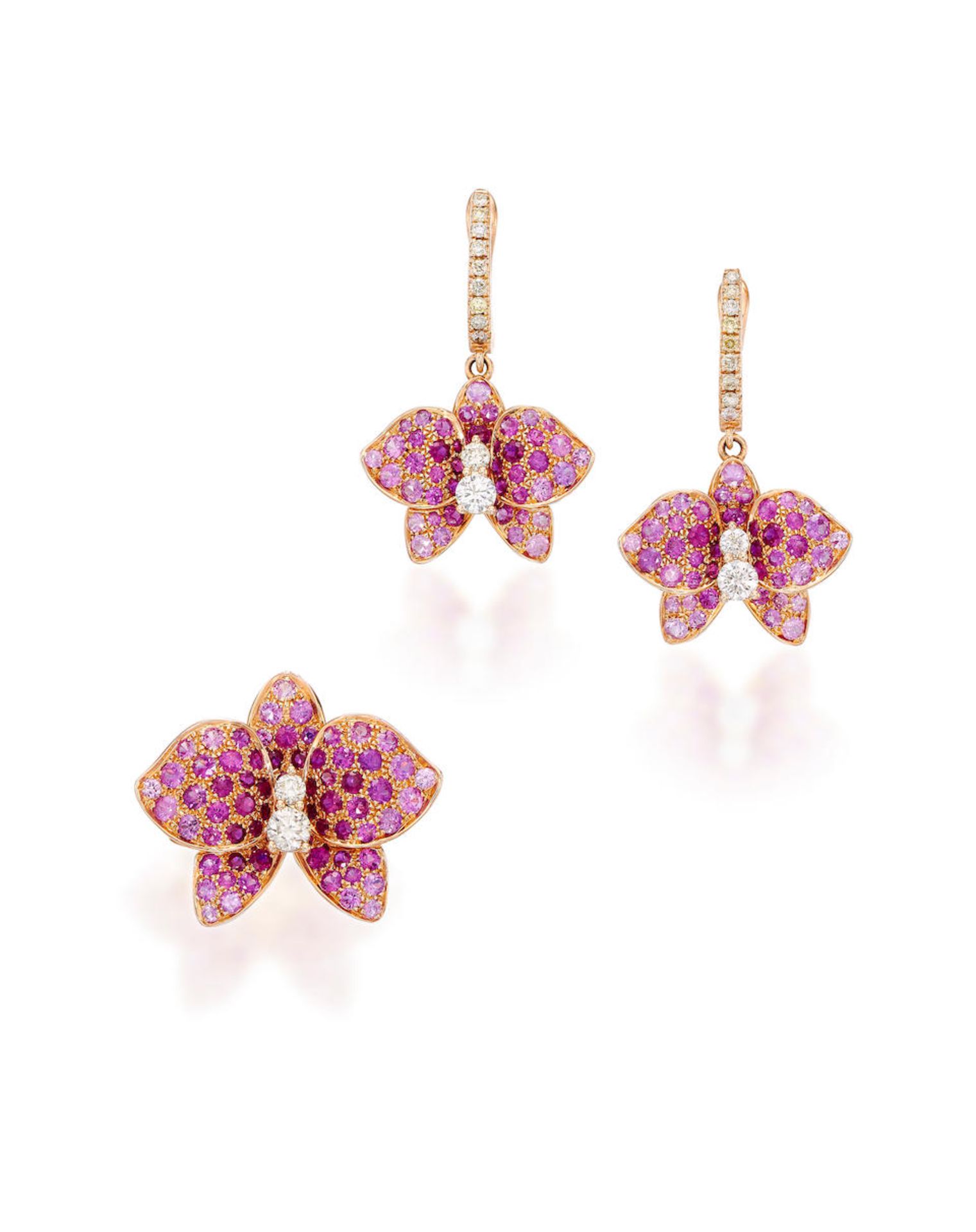 GEM-SET AND DIAMOND 'ORCHID' RING, AND PAIR OF PENDENT EARRING SET (2)