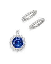 SAPPHIRE AND DIAMOND PENDANT, AND TWO DIAMOND BANDS (3)