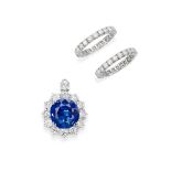 SAPPHIRE AND DIAMOND PENDANT, AND TWO DIAMOND BANDS (3)