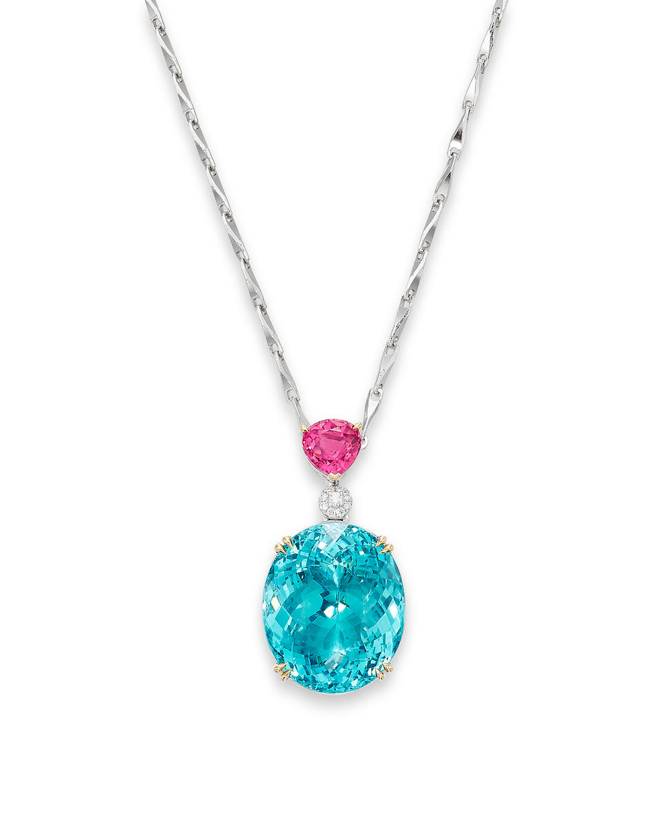 APATITE, TOURMALINE AND DIAMOND PENDANT