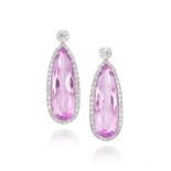 PAIR OF KUNZITE AND DIAMOND EARRINGS