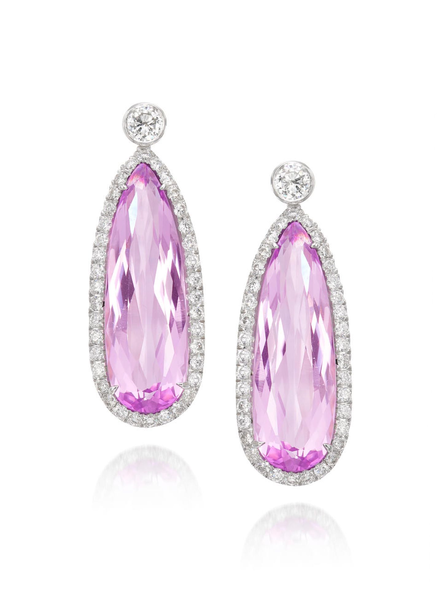 PAIR OF KUNZITE AND DIAMOND EARRINGS