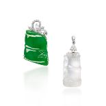 TWO JADEITE, ICY JADEITE AND DIAMOND 'BAMBOO' PENDANTS (2)