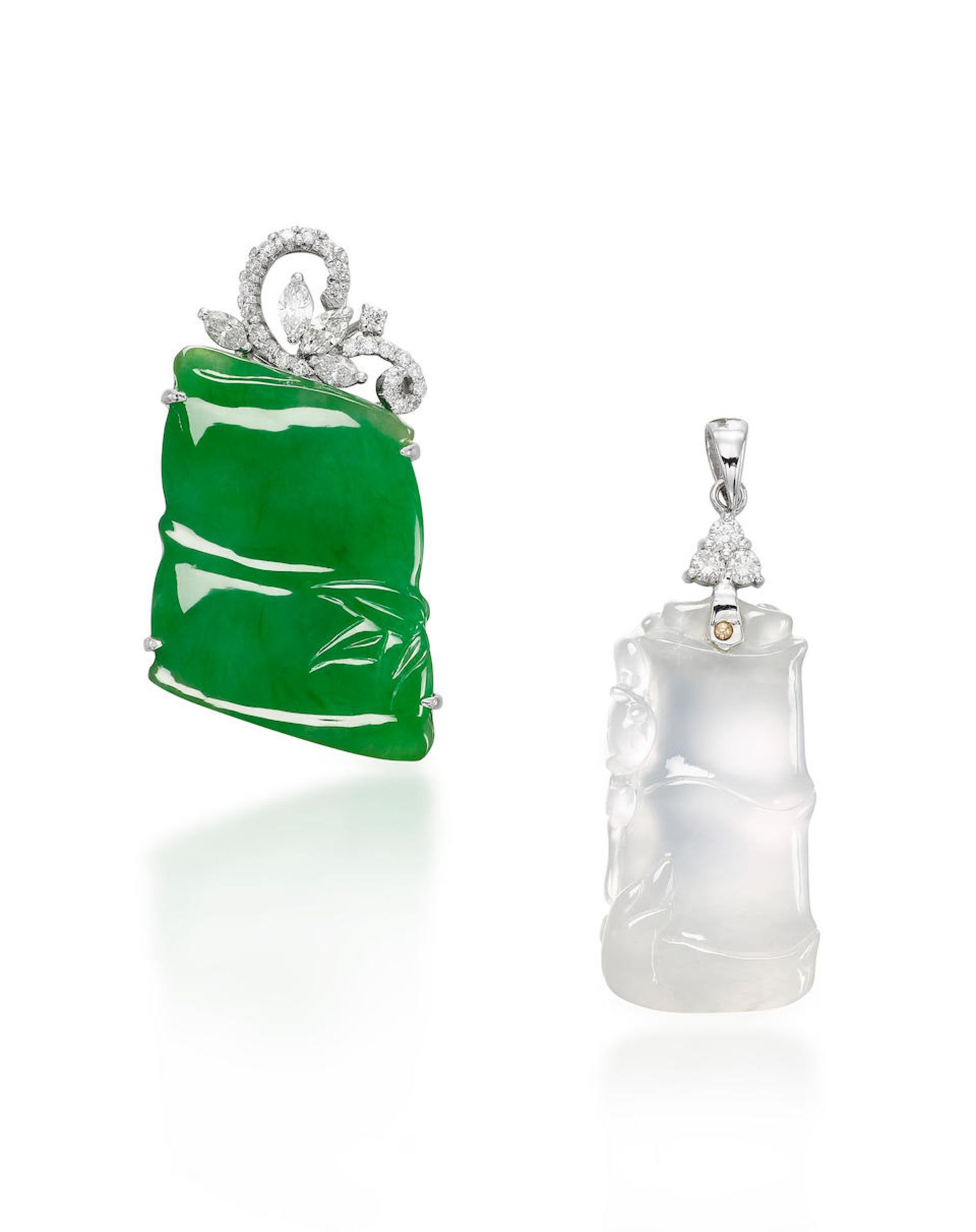 TWO JADEITE, ICY JADEITE AND DIAMOND 'BAMBOO' PENDANTS (2)