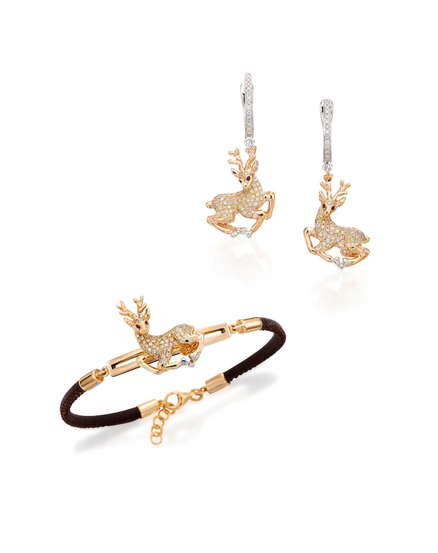 COLOURED DIAMOND, DIAMOND AND RUBY 'REINDEER' BRACELET AND PENDENT EARRING SET (2)