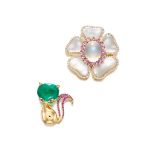 TWO EMERALD, MOONSTONE AND GEM-SET BROOCHES (2)