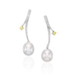 PAIR OF CULTURED PEARL AND DIAMOND EARRINGS