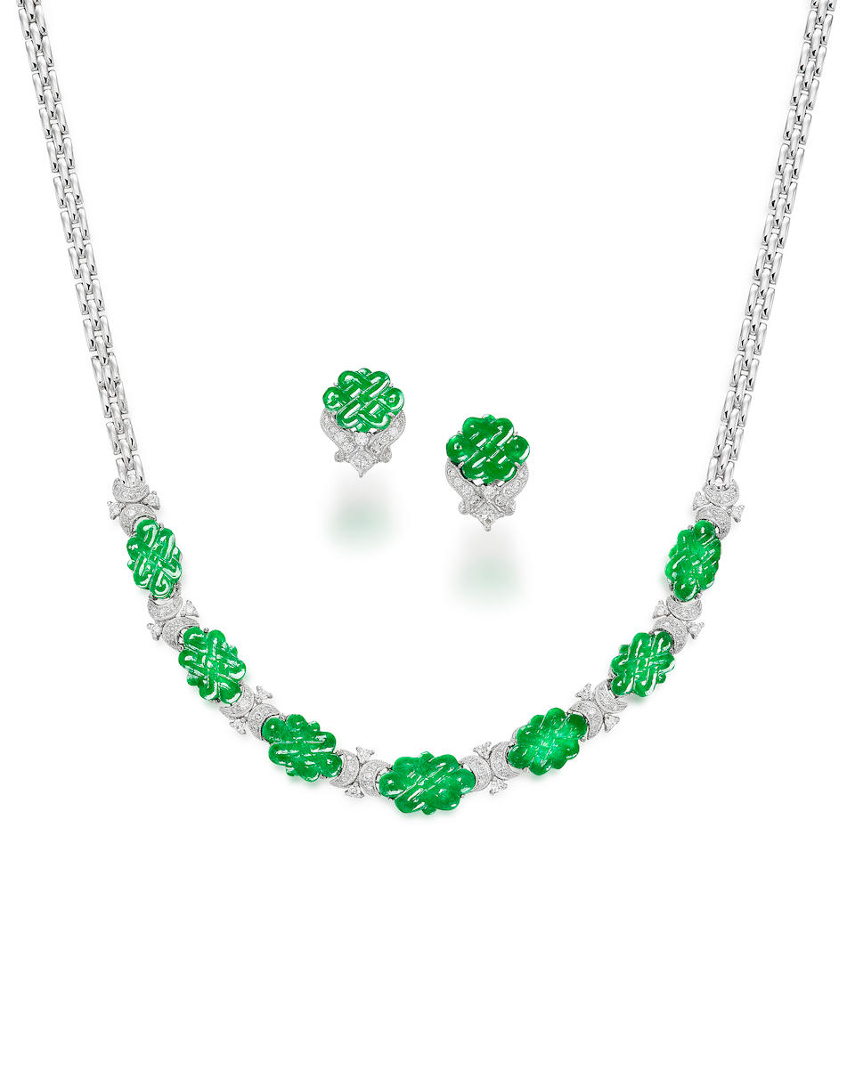 JADEITE AND DIAMOND 'ENDLESS KNOT' NECKLACE AND EARSTUD SET (2)