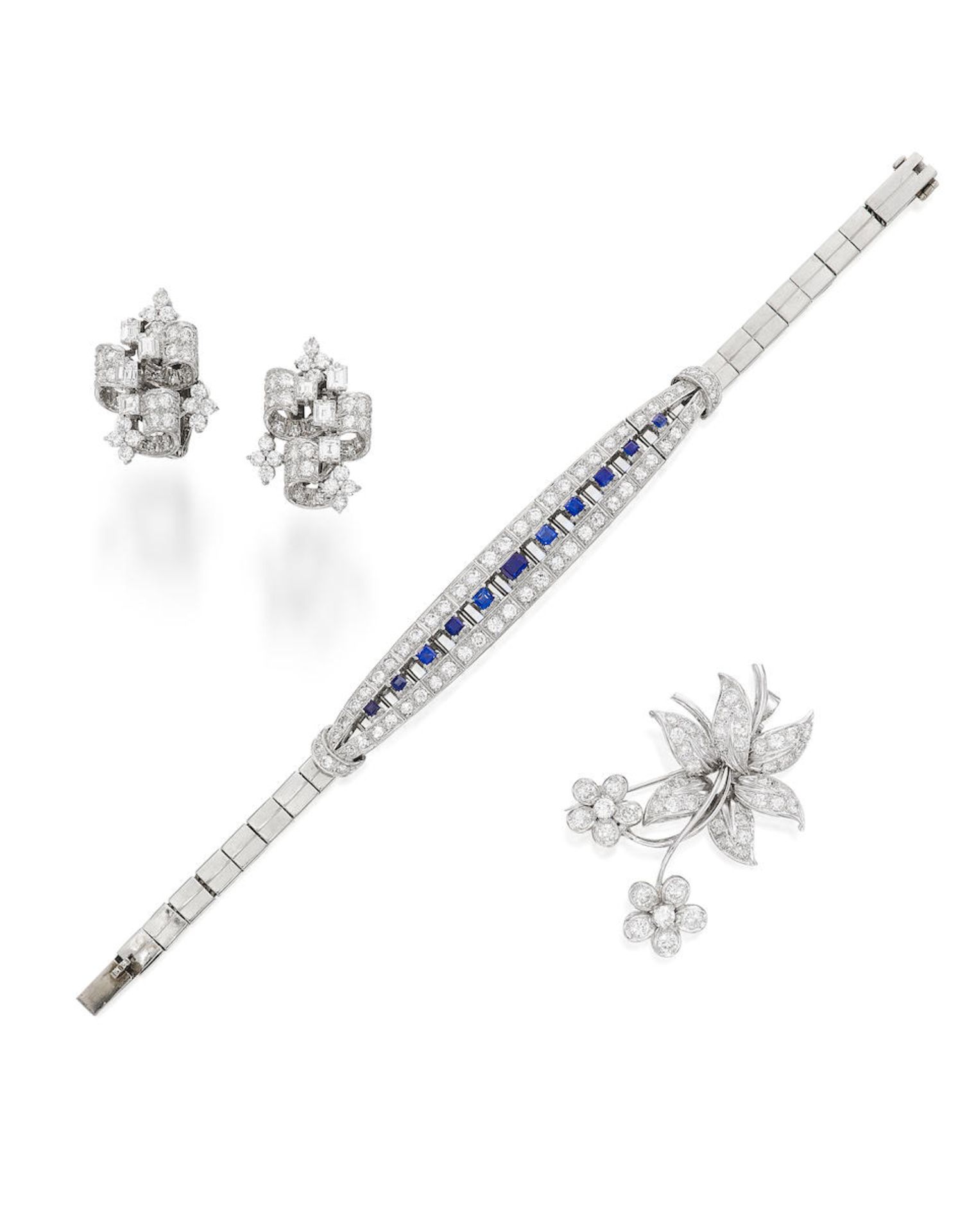 GEM-SET AND DIAMOND BRACELET, AND DIAMOND EARCLIPS AND 'FLOWER' BROOCH SET