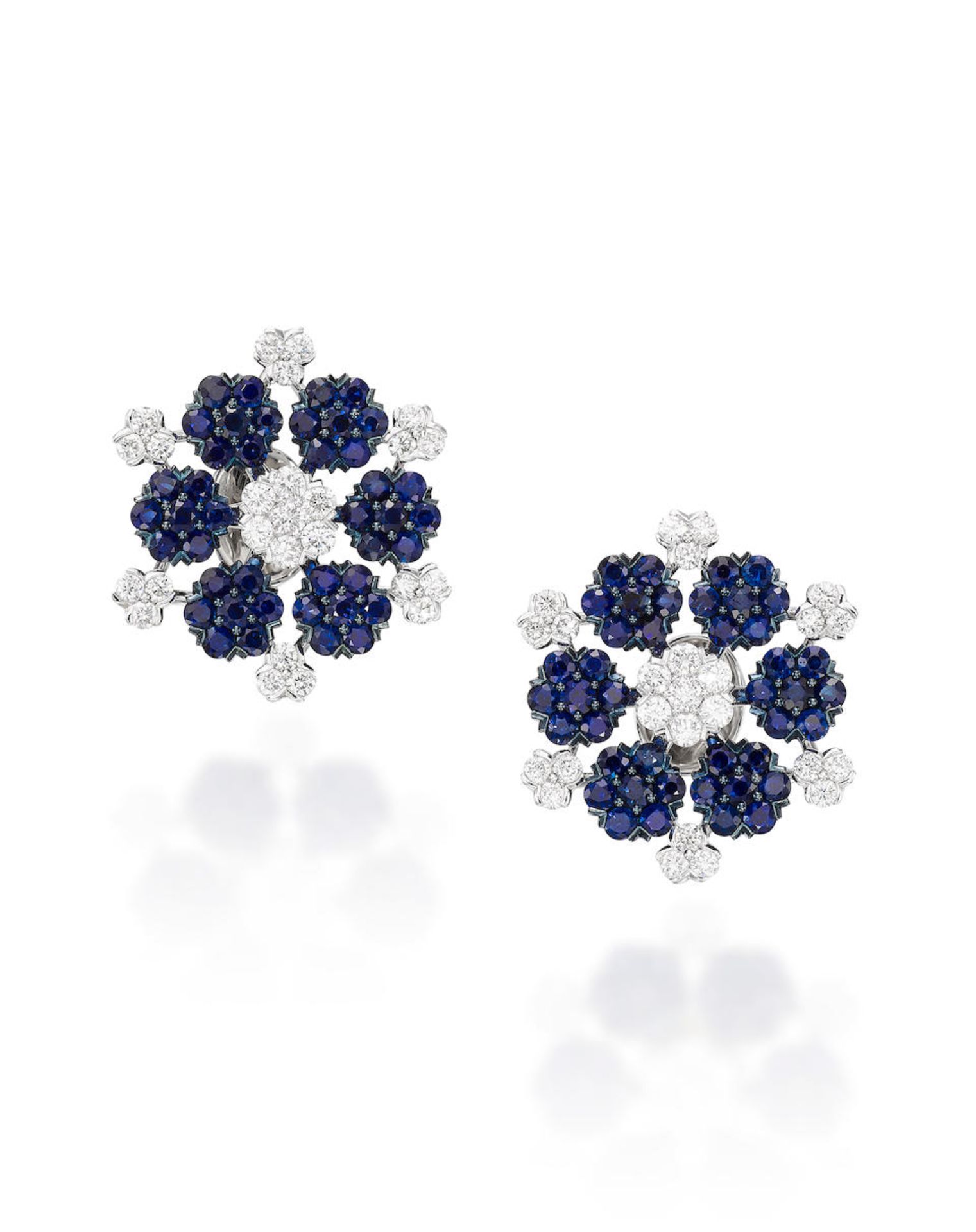 PAIR OF SAPPHIRE AND DIAMOND 'SNOWFLAKE' EARRINGS