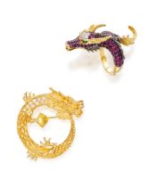 RUBY, GEM-SET AND DIAMOND 'DRAGON' RING, AND QUARTZ AND DIMAOND 'DRAGON' BROOCH/ PENDANT (2)