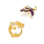 RUBY, GEM-SET AND DIAMOND 'DRAGON' RING, AND QUARTZ AND DIMAOND 'DRAGON' BROOCH/ PENDANT (2)