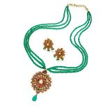 EMERALD, RUBY AND DIAMOND PENDANT NECKLACE AND PAIR OF EARRING SET (2)