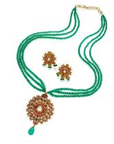 EMERALD, RUBY AND DIAMOND PENDANT NECKLACE AND PAIR OF EARRING SET (2)