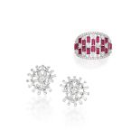 RUBY AND DIAMOND RING, AND PAIR OF DIAMOND EARRINGS (2)