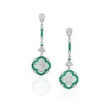 PAIR OF EMERALD AND DIAMOND PENDENT EARRINGS