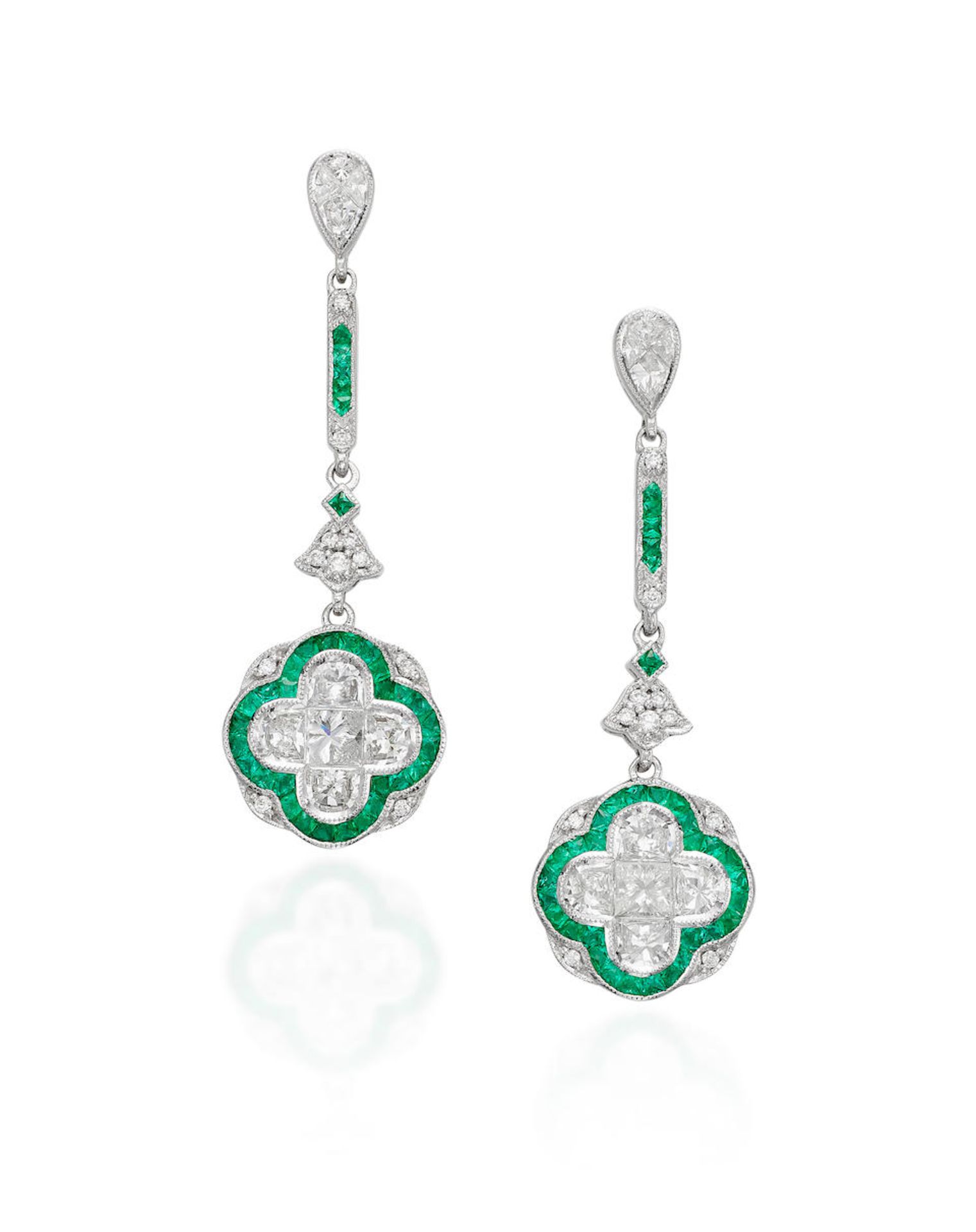 PAIR OF EMERALD AND DIAMOND PENDENT EARRINGS