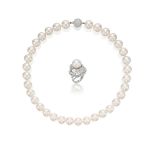 CULTURED PEARL AND DIAMOND NECKLACE AND RING SET (2)