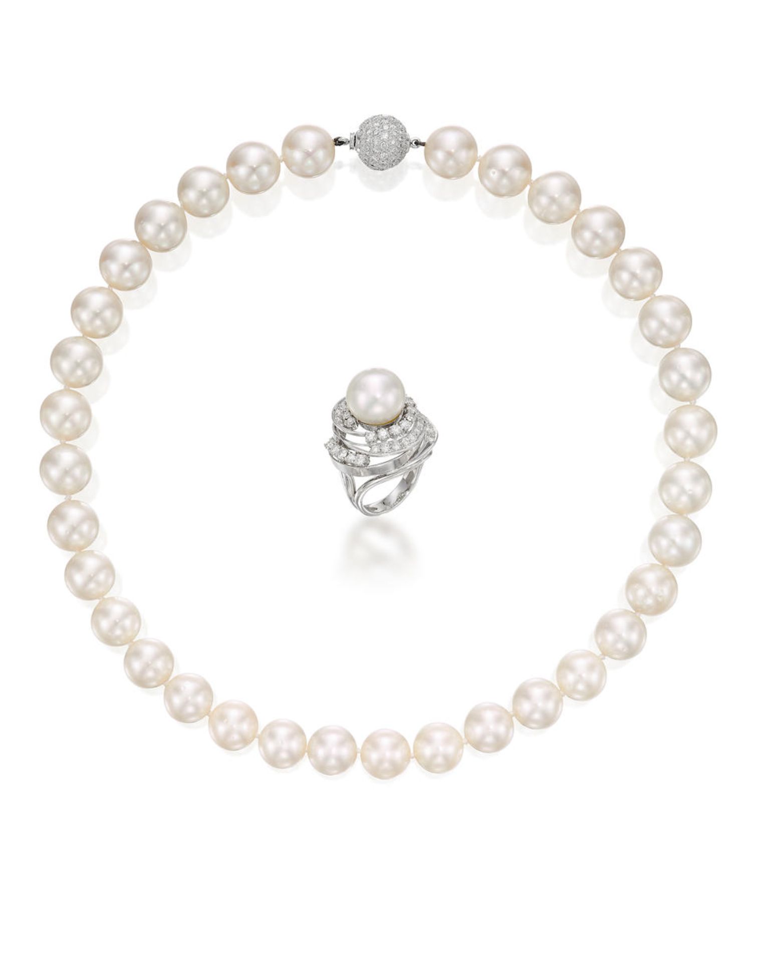 CULTURED PEARL AND DIAMOND NECKLACE AND RING SET (2)