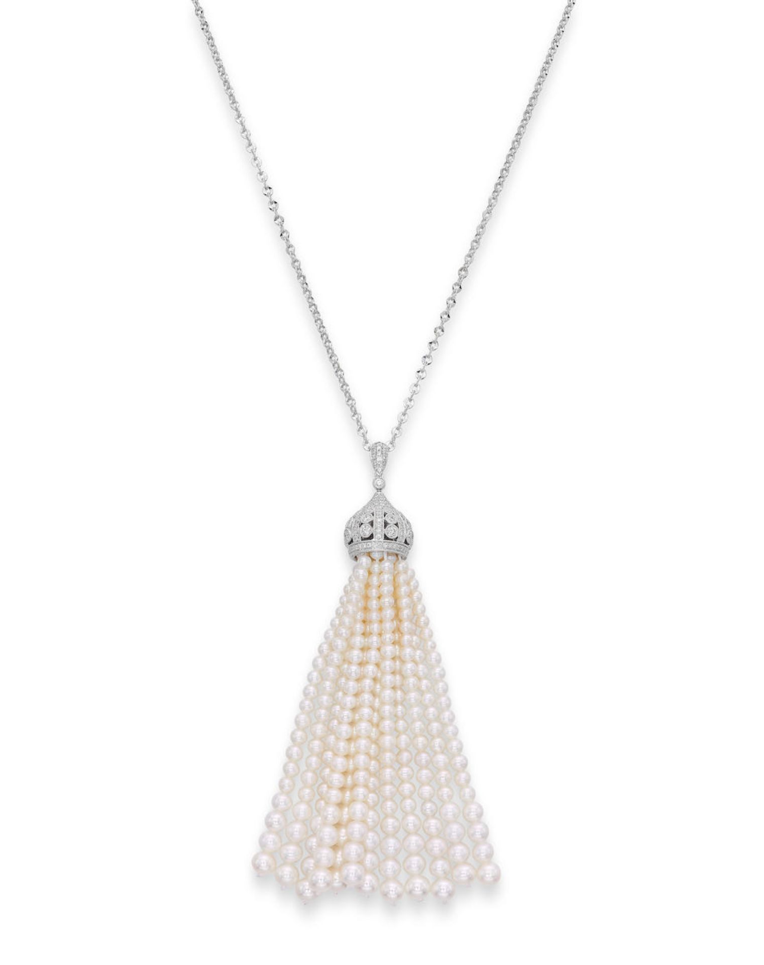 CULTURED PEARL AND DIAMOND TASSEL PENDANT NECKLACE