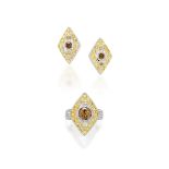 PAIR OF COLOURED DIAMOND RING AND EARRINGS SET