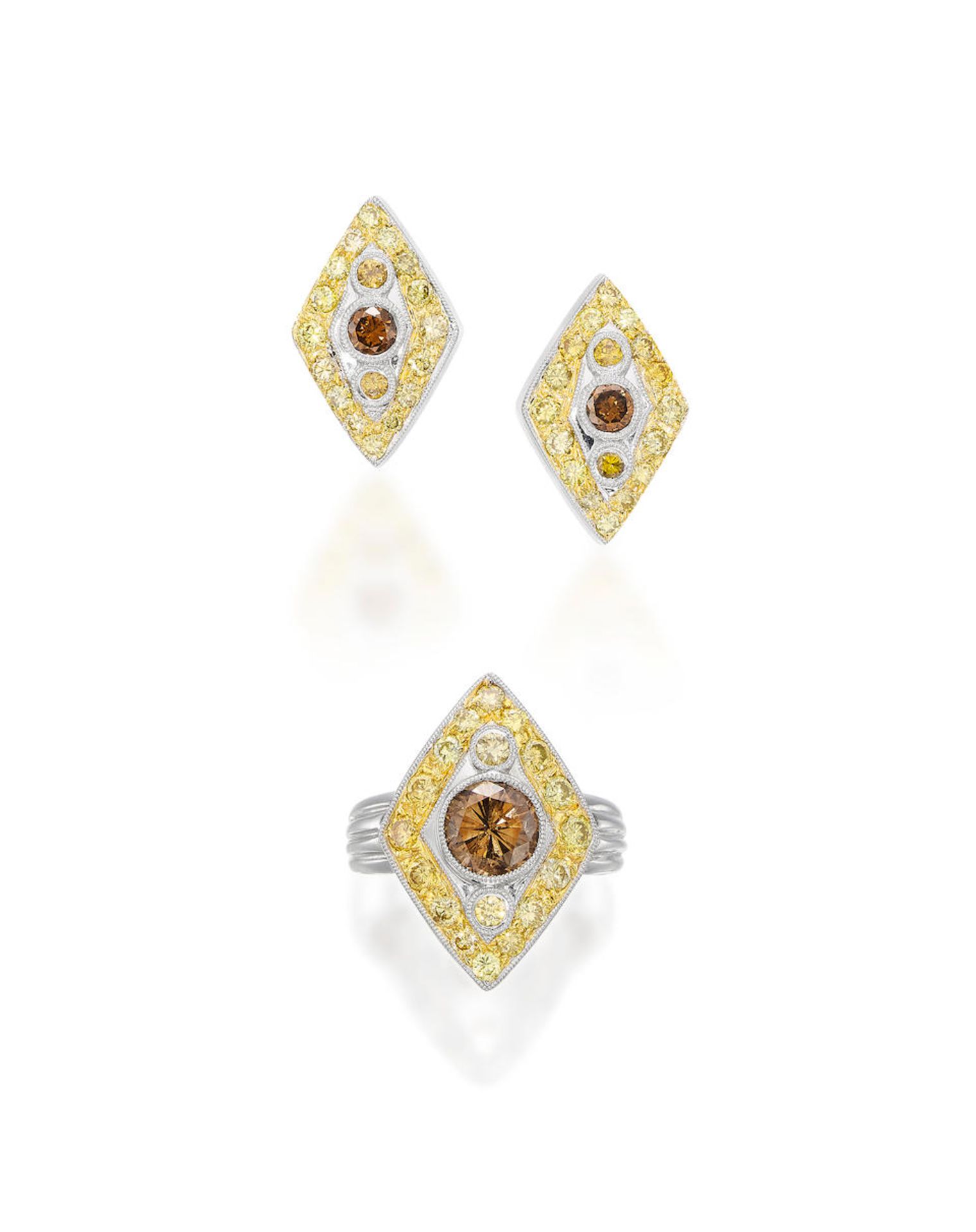 PAIR OF COLOURED DIAMOND RING AND EARRINGS SET