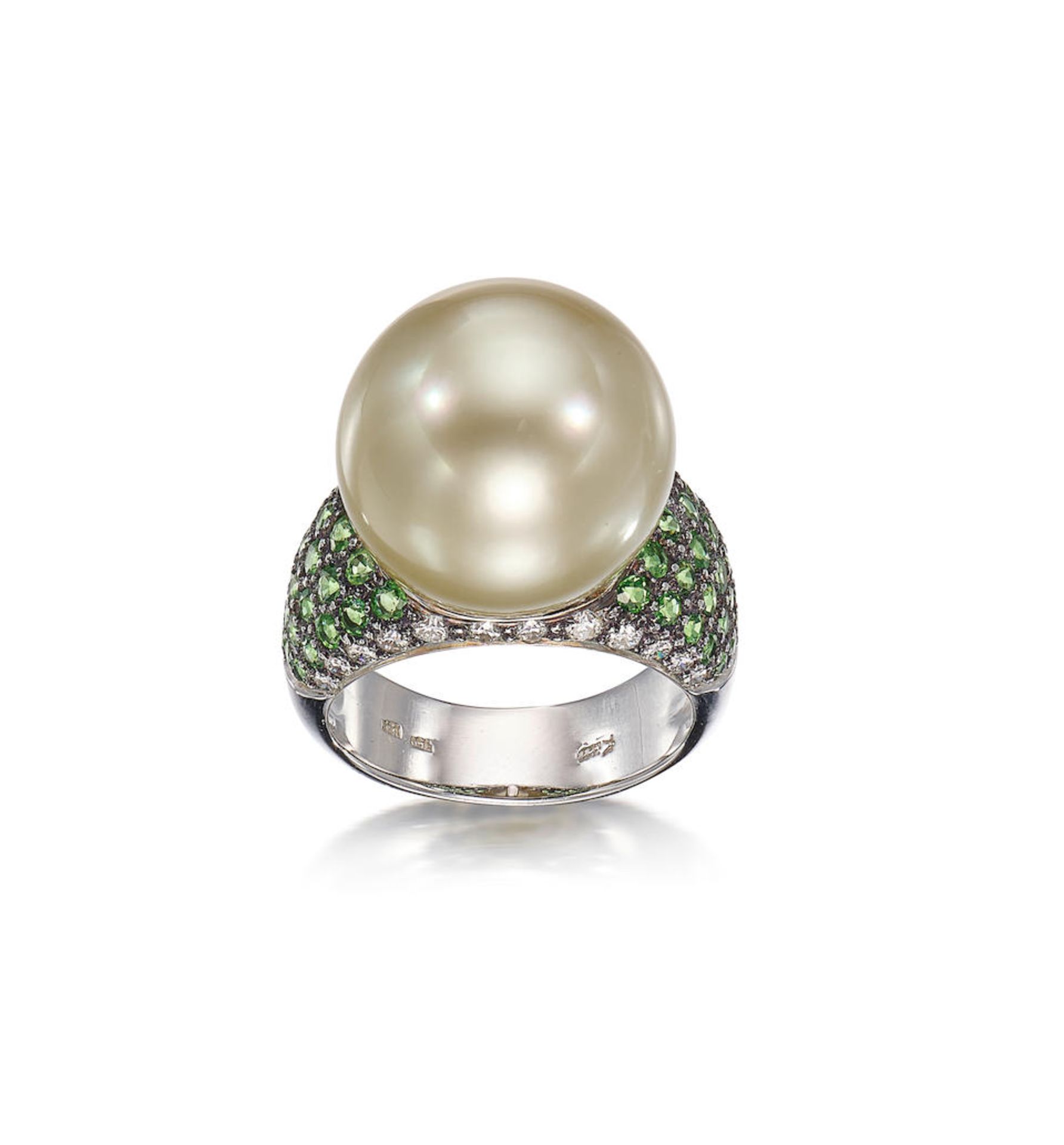 CULTURED PEARL, TSAVORITE GARNET AND DIAMOND RING