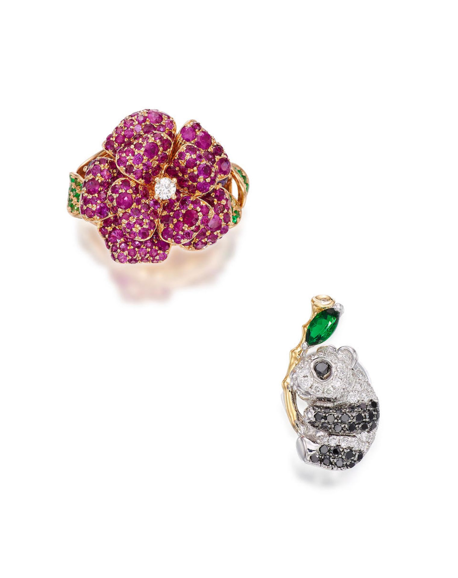 GEM-SET AND DIAMOND 'FLOWER' RING, AND GEM-SET, BLACK DIAMOND AND DIAMOND 'PANDA' PIN (2)