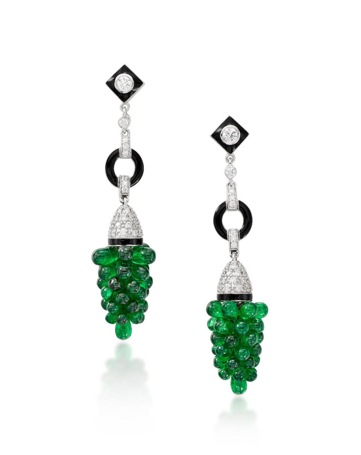 PAIR OF TSAVORITE GARNET, ENAMEL AND DIAMOND 'GRAPE' PENDENT EARRINGS