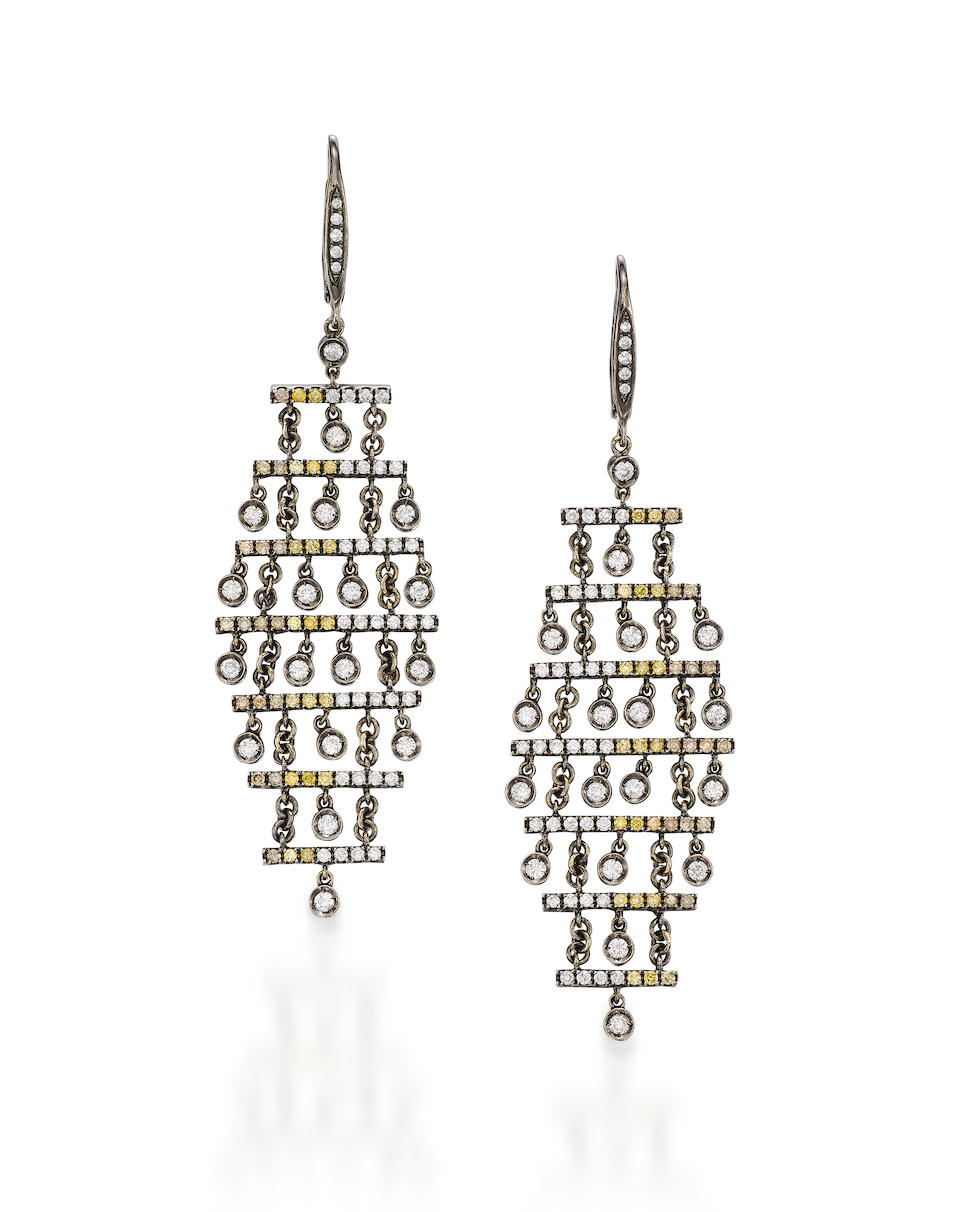 PAIR OF COLOURED DIAMOND AND DIAMOND PENDENT EARRINGS