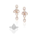 PAIR OF COLOURED DIAMOND AND DIAMOND PENDENT EARRINGS, AND DIAMOND RING (2)