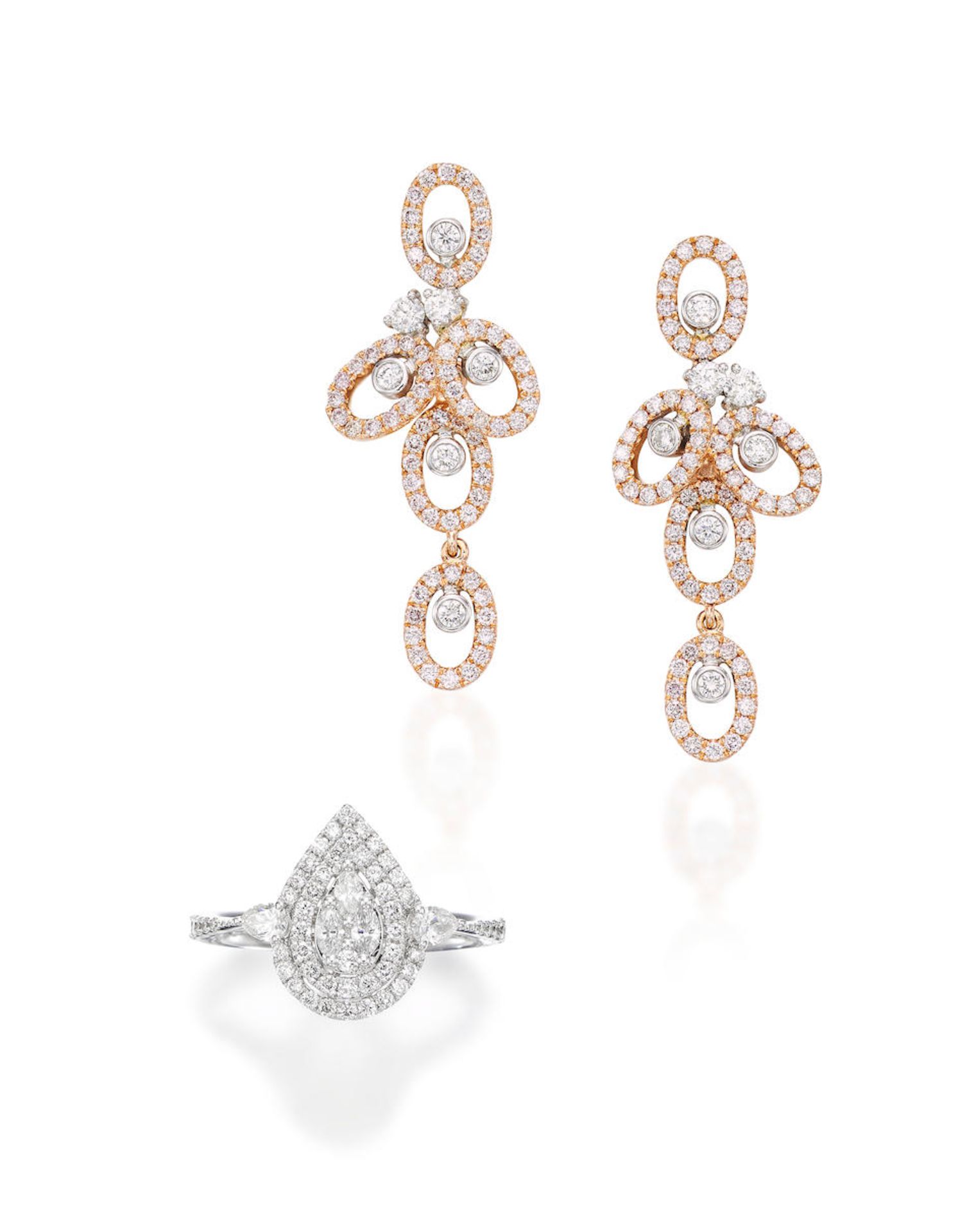 PAIR OF COLOURED DIAMOND AND DIAMOND PENDENT EARRINGS, AND DIAMOND RING (2)