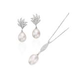 CULTURED PEARL AND DIAMOND PENDANT NECKLACE AND EARRING SET (2)