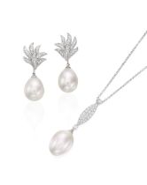 CULTURED PEARL AND DIAMOND PENDANT NECKLACE AND EARRING SET (2)