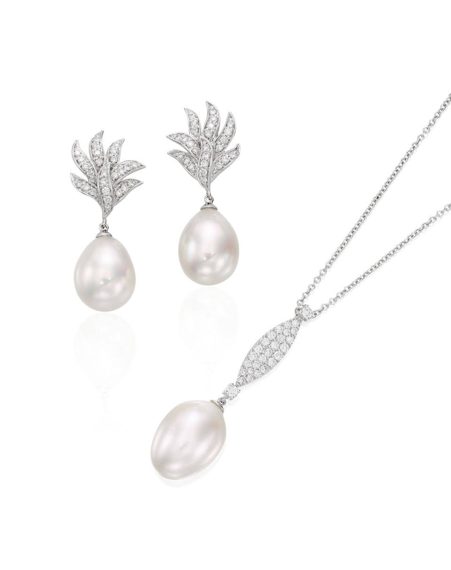 CULTURED PEARL AND DIAMOND PENDANT NECKLACE AND EARRING SET (2)