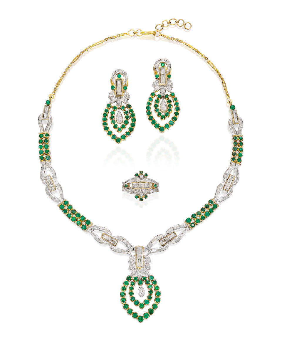 EMERALD AND DIAMOND RING, EARRINGS AND NECKLACE SUITE (3)